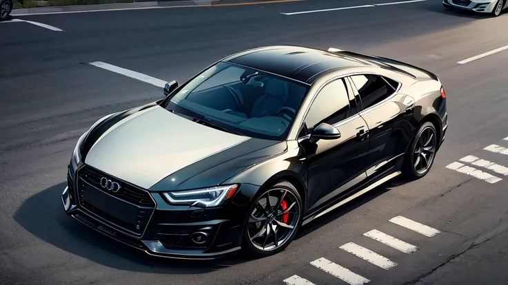 one playing the piano in a parking lot with a black audi on the side