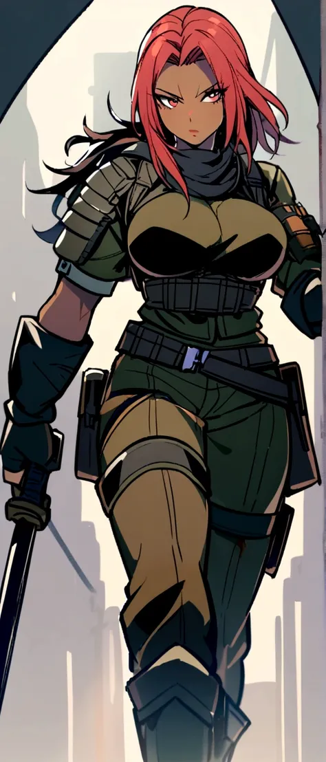 1 woman, a mercenary, short red hair, dark skin, large breasts. 