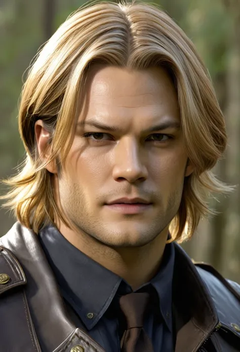 Jared Padalecki with golden hair as Leon Scott Kennedy from game Resident Evil 4 3D