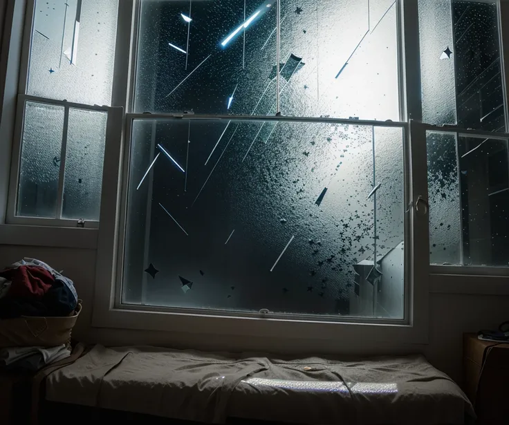 light illustration on the window with falling stars and clear meadow 