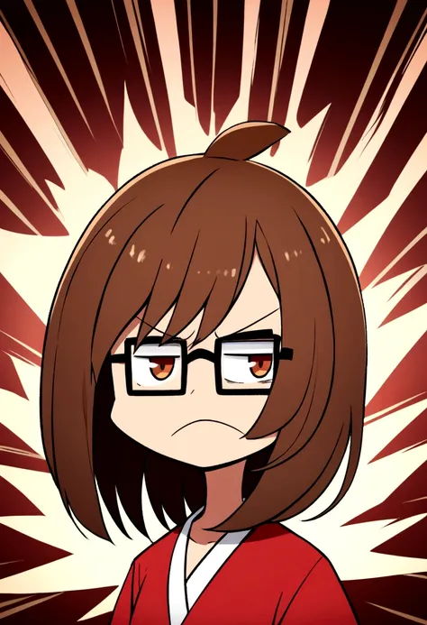 Red angry woman cartoon character, long brown hair,  square glasses and brown eyes, half round face