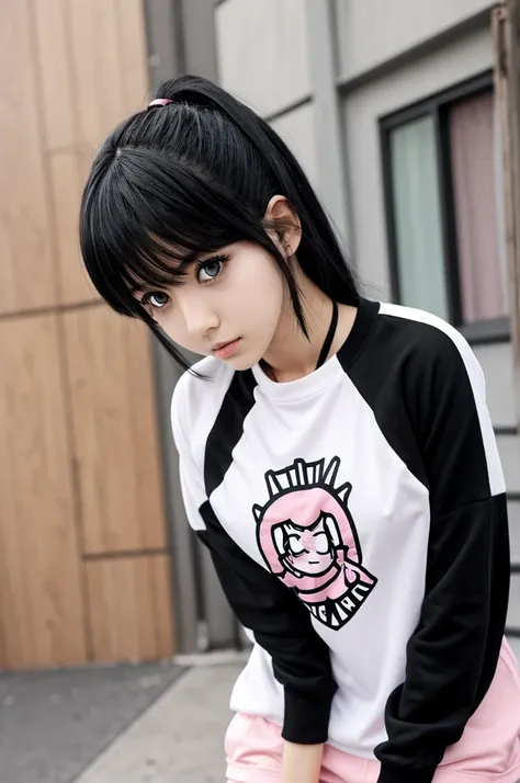 
White Boku No Hero style girl, black hair with pink black eyes casual clothing