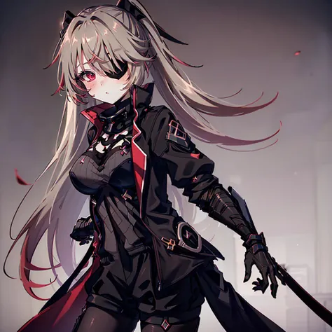 1girl, ashen_blond_hair, long_hair, bangs, eyepatch, red_eyes, two_side_up, hair_over_one_eye, blush, giant_breasts, Black_trench_coat, gauntlets, Black_pantyhose, grey_shorts, pale skin,