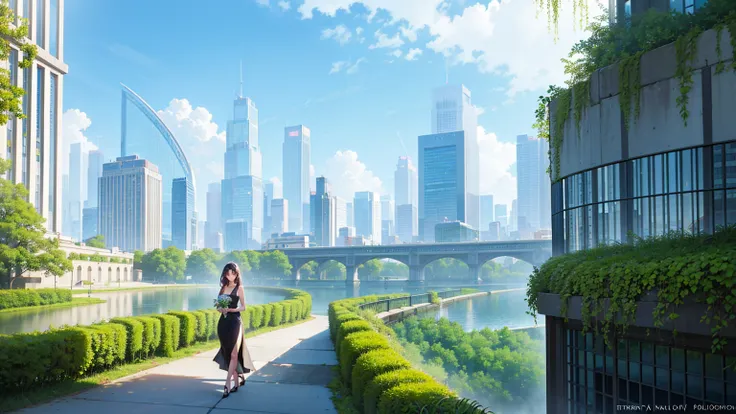 In this masterpiece of environmental artistry, a verdant urban landscape emerges before our eyes, meticulously crafted by the skilled hands of a digital artist. This green cityscape, a stunning work of art in 16k UHD, embodies the harmonious fusion of towe...