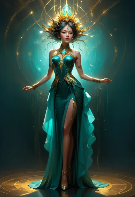 (Best quality)), ((masterpiece)), (highly detailed:1.3), ((( full body))), 3D, beautiful, realistic, photo-realistic, seductive, cute, Perfect centralization, Fantastic teal and gold aesthetic, alegria, Standing position, abstract beauty , Central, looking...