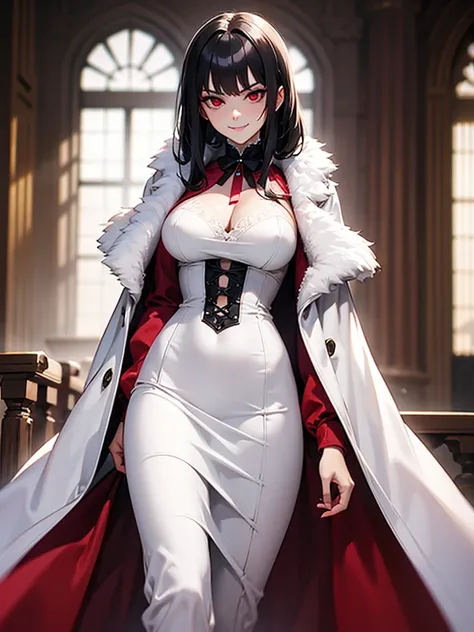 black hair, (solo), (victorian dress), (smirk), red eyes, pale skin, (pale), ((dark aura)), ((fiendish aura)), (bloody swirl in foreground), indoors, large breasts, white fur coat, (white fur coat)