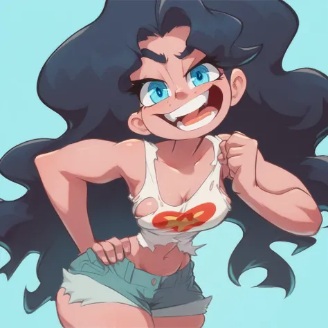 Ralph Bakshi Style, Curvy blue eyed girl with long wavy black hair and small breasts, nudity:1.5, (extreme nsfw):2.5, torn tanktop, (tits out):1.5, lewd