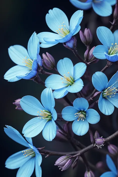 Close-up of a  Macro photography of wildflowers flowers on a branch，paul barson，Blue flowers，beautiful digital artworks，beautiful digital art，flowers and blossoms，surreal waiizi flowers，beautiful  flowers，flowers in full bloom，flowers with intricate detail...