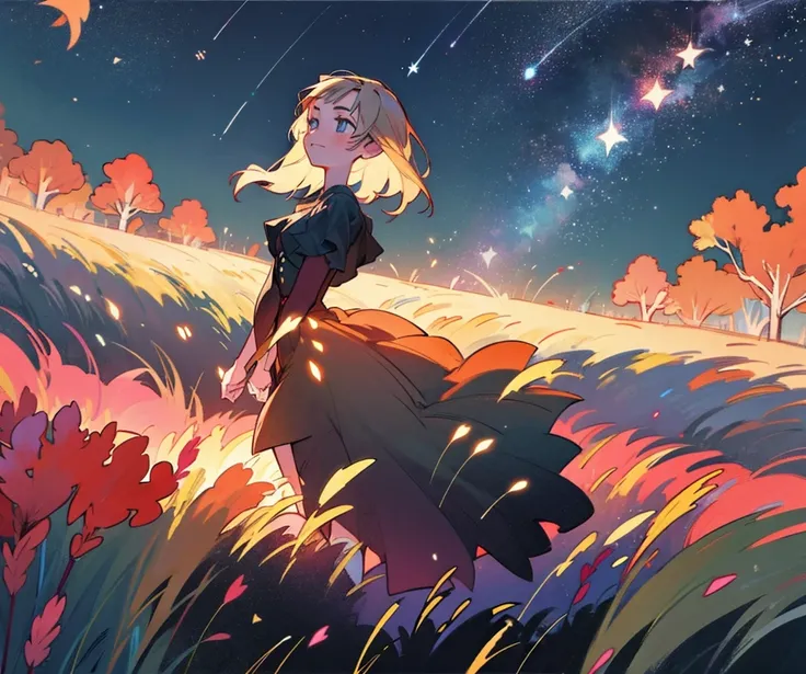 A night meadow with falling stars that can be easily drawn