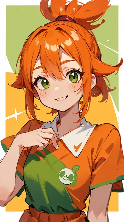 Orange clothes、Orange Hair、ponytail、Beautiful green eyes、Wicked Smile、Shrimp mascot、Upper body close-up