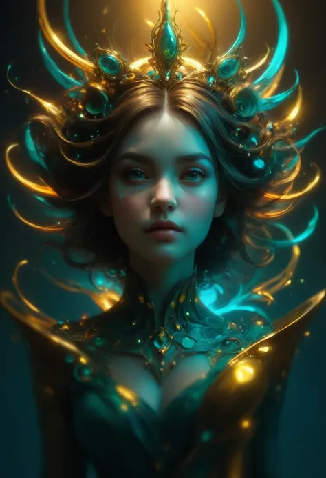 (Best quality)), ((masterpiece)), (highly detailed:1.3), ((( full body))), 3D, beautiful, realistic, photo-realistic, seductive, cute, Perfect centralization, Fantastic teal and gold aesthetic, alegria, Standing position, abstract beauty , Central, looking...