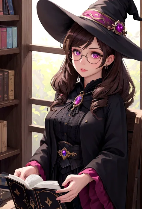 a charming brown-haired girl, detailed eyes, detailed lips, beautiful detailed face, round black-framed glasses, magenta eyes, witch outfit, witch hat, magic wand, shy and startled expression, floating books, best quality,4k,8k,highres,masterpiece:1.2,ultr...