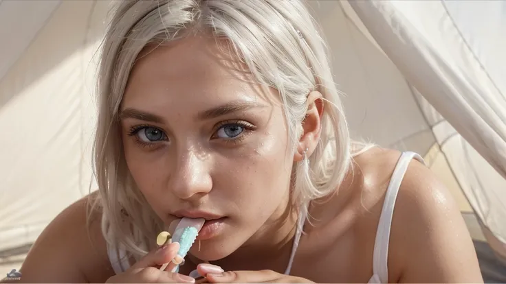 a young boy with white hair wearing a bikini sucking on a lollipop in a tent on a sunny day, beautiful detailed eyes, beautiful detailed lips, extremely detailed eyes and face, long eyelashes, photorealistic, 8k, hyper detailed, intricate details, soft lig...