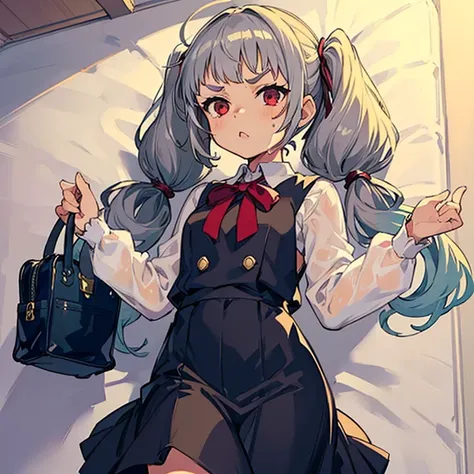 Young girl with grey hair, ((fringed and curly hair)),((curly short twintail)), curly hair ,(red eyes),, ((small bushy eyebrows)), wearing gothic lolita clothing, lolicon , walking to school, bored look, bored face, , lifting her skirt to show her vagina w...