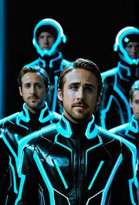 Multiple guards in tron suits from TRON LEGACY  with orange circuits that share the face of Ryan Gosling they all look like ryan gosling 