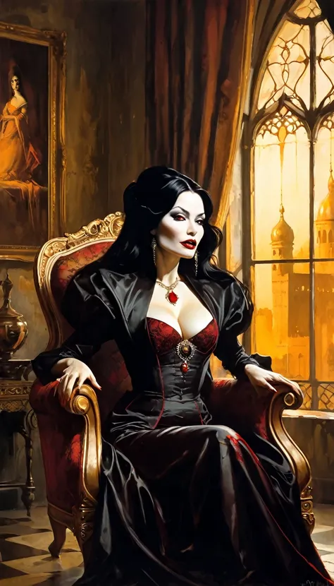 vampire girl, long black hair, middle age, full of blood, sexy middle age noble clothing, (((blood in the mouth))), slight smile, in a palace room, sitting in a luxurious armchair, large window with night view, dim light , sepia toned, (art inspired by Bil...