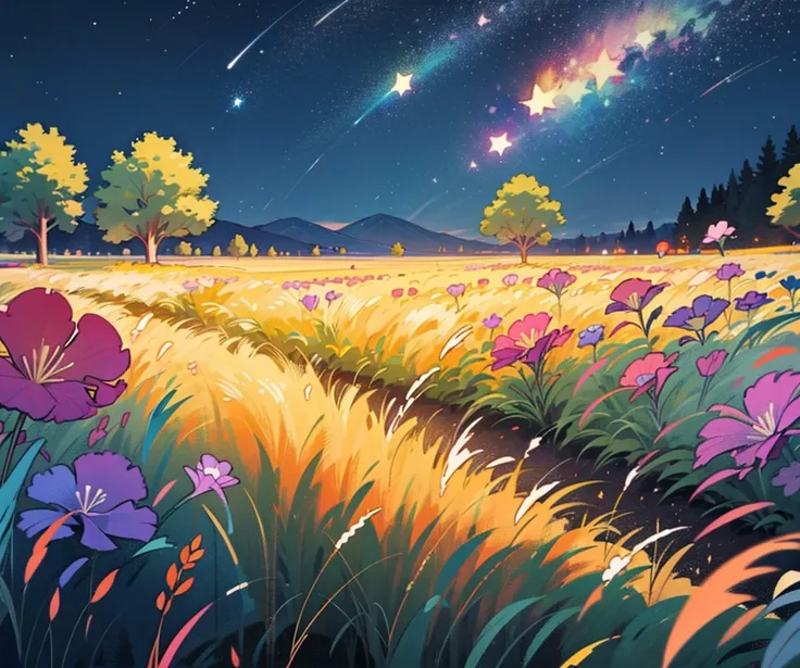 A night meadow with falling stars that can be easily drawn