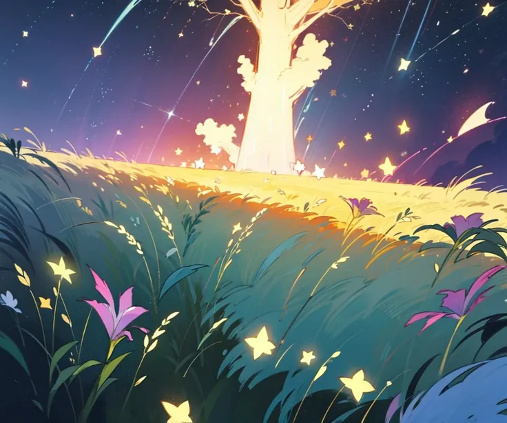 A night meadow with falling stars that can be easily drawn