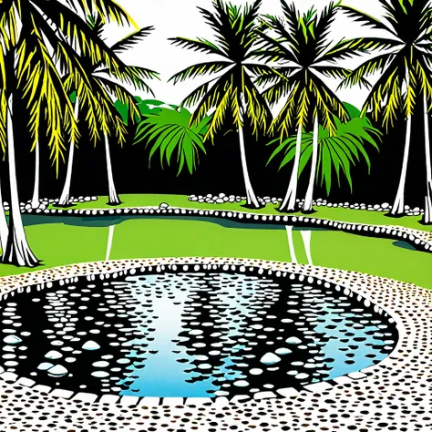 Some coconut trees with a pond running water with some stones