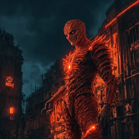 (extremely detailed 8k wallpaper), a medium shot photo of  Grim dressed as a scary masked orange nature-supervillain in an orange armour made of orange glowing wires from marvel, theme, intricate, high detail, dramatic, old building with orange signs in th...