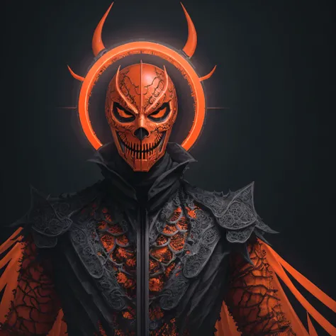 (extremely detailed 8k wallpaper), a medium shot photo of  Grim dressed as a scary masked orange nature-supervillain in an orange armour made of orange glowing wires from marvel, theme, intricate, high detail, dramatic, old building with orange signs in th...