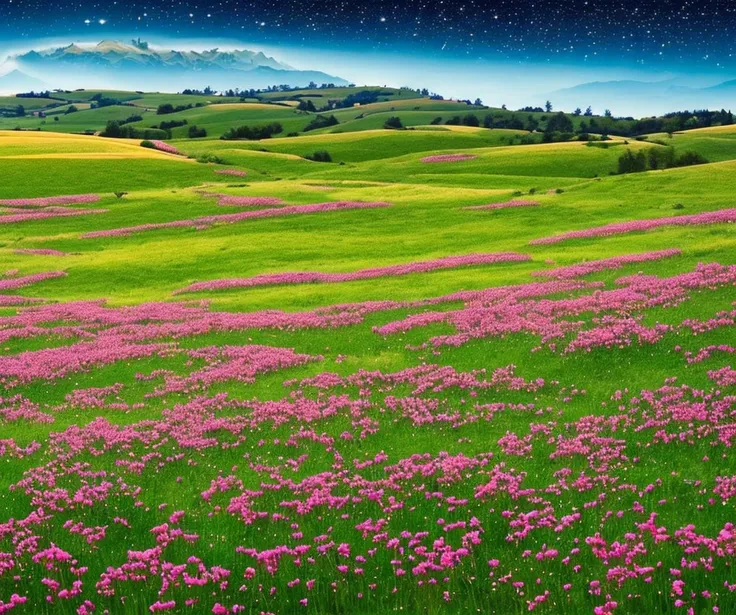 A night meadow with falling stars that can be easily drawn