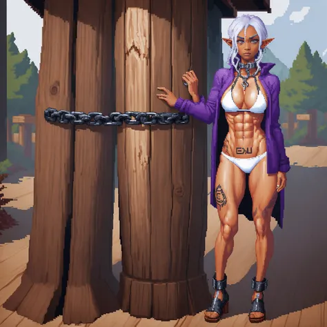 ((standing by wooden pole:1.2)) ((pixel art))((1 girl)) whole body, standing, gray skin, drow, elf, maduro, purple eyes, by white, black bikini, ABS, Large knockers, tattered rags, chain collar, stomach tattoo (red tattoo)