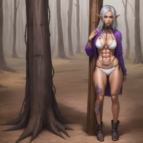 ((standing by wooden pole:1.2)) ((1 girl)) whole body, standing, gray skin, drow, elf, maduro, purple eyes, by white, black bikini, ABS, Large knockers, tattered rags, chain collar, stomach tattoo (red tattoo)