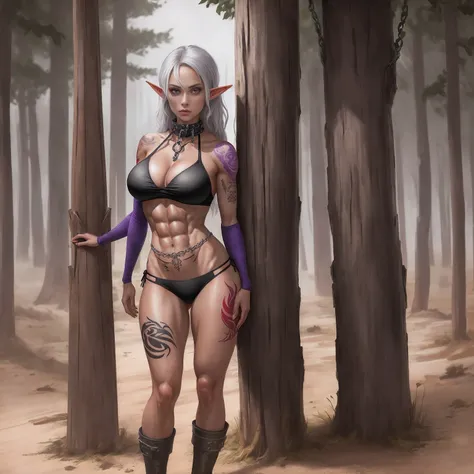 ((standing by wooden pole:1.2)) ((1 girl)) whole body, standing, gray skin, drow, elf, maduro, purple eyes, by white, black bikini, ABS, Large knockers, tattered rags, chain collar, stomach tattoo (red tattoo)