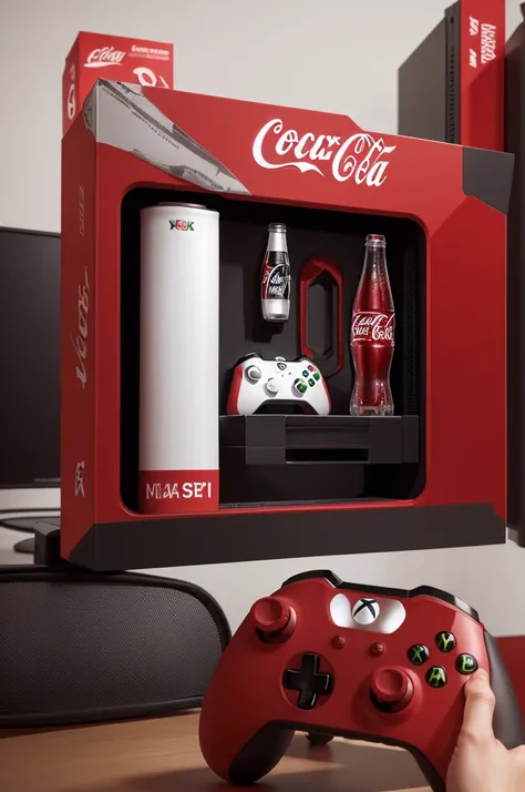 Create an image of the Xbox Series S controller next to a Coca Cola bottle 