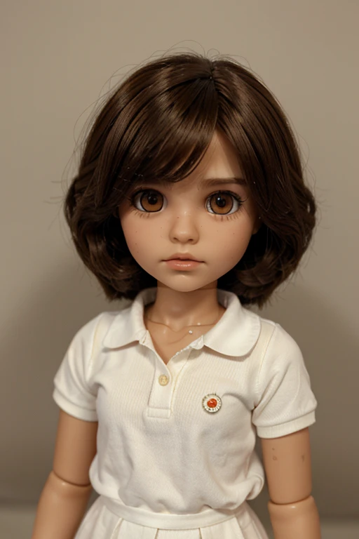 Blythe doll de ojos marron oscuro, light brown skin color, with cheeks. White colored lenses, short wavy hair layered style, with a retro polo, Blythe doll