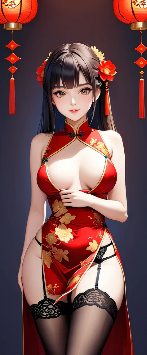 high resolution, adult  woman , good lighting, despicable, , (with nudity), (((chinese dress))), (()), ((())), (garter belt), just abdomen, (),  ,  cute face, yo&#39;I&#39;m embarrassed and blushed, humiliating, ((Turn around and look back)), ((transparent...