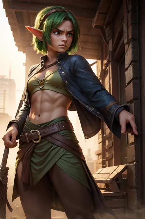 beautiful teen girl elf. with very short clothes, green hair, with angry face