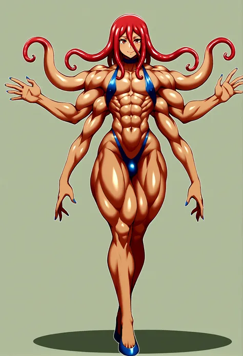 Femboy, long octopus hair, gigantic muscular body, 4 arms, full body.