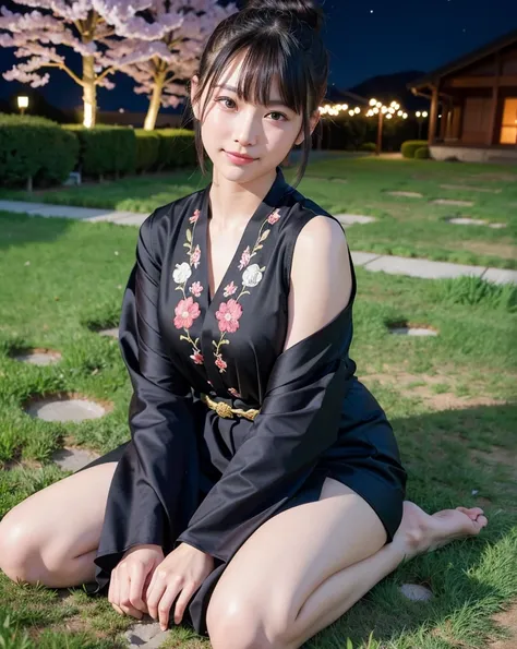 goddess,Late Night,Moonlit Night,Starry Sky,moonlight,Flower Field,Cherry blossom trees,No buildings,Black Hair,Baby Face,18-year-old､sexy､Slender,Open chest,Golden band cord,Kirin Embroidery,純白のsexyな着物,barefoot,Cute smile,Looking up,Realistic details,High...