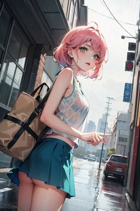 creates a 21-year-old anime girl in the rain with a wet white tank top with a short blue skirt pink hair and green eyes in an anime cityscape 