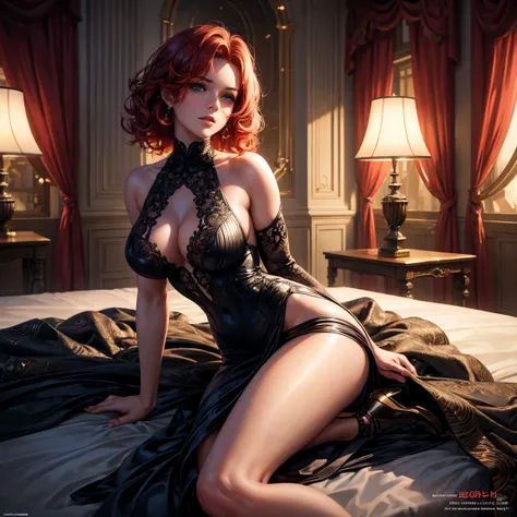 a woman, 1girl, redhead retro curl cut hair, green eyes!!!, smilling face, big breasts, small size, sexy suits, deep neckline, full body, full body, sitting on the bed, room, very sexy body, detailed face, beautiful detailed eyes, beautiful detailed lips, ...