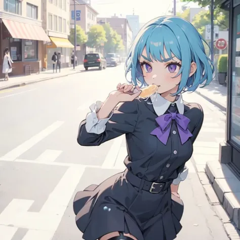 Young girl with blue hair,short straight hair and short bangs (purple eyes),, ((small bushy eyebrows)), wearing gothic lolita clothing, lolicon , medium large breast, breasts out of blouse, walking to school, bored look, bored face,, girl sucking penis cum...