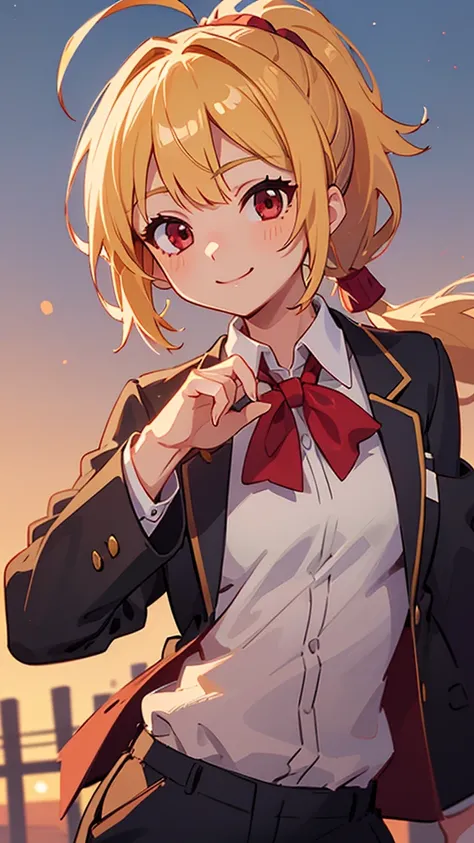 1 Girl、、Sharp focus、(Bokeh) (Highest quality) (Detailed skin:1.3) (Intricate details) (anime)、 age、Blonde ponytail、Ahoge、Beautiful red eyes、smile、White shirt、Black work trousers、Black Fitted Blazer、Slender body,Upper body close-up、Golden Hour Sky