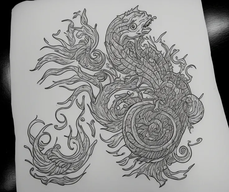 Sketch of a female tattoo on the neck and shoulder in the Japanese style with carp