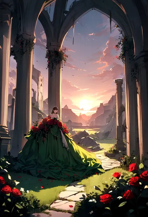 a devastating landscape, where only a rose remained alive, a small clearing stood out with its green lawn intact. ao redor, the rubble of an ancient abandoned city contrasted with the serenity and fragility of the only flower that still survived, its vibra...