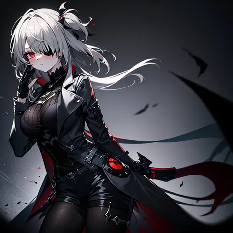 1girl, ashen_blond_hair, long_hair, bangs, eyepatch, red_eyes, two_side_up, hair_over_one_eye, blush, giant_breasts, black_trenc...