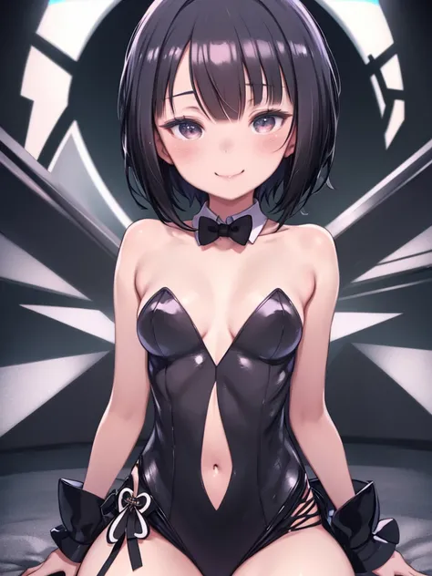 Black Playboy Bunny Suit, Solo Girl, Highest quality, Middle chest, Black Hair, short hair, Seductive detailed face, (Charm, Drop your eyes:1.2), Cinema Lighting, Shiny skin, Captivating smile,