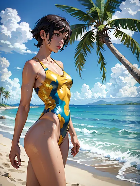 ((highest quality, masterpiece, High resolution)), ((reality)),Photos of beautiful Japanese women,((anime art))、 (((1 girl))), normal size breasts, slim body shape,  medium short hair, double eyelid, Wet see-through gold micro one-piece swimsuit,,  A pareo...