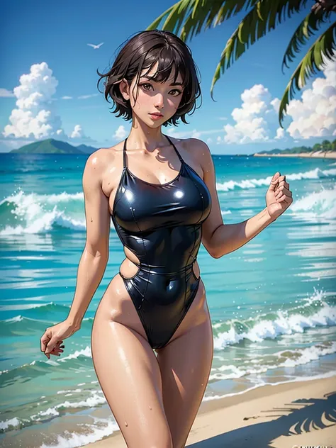 ((highest quality, masterpiece, High resolution)), ((reality)),Photos of beautiful Japanese women,((anime art))、 (((1 girl))), normal size breasts, slim body shape,  medium short hair, double eyelid, Wet see-through gold micro one-piece swimsuit,,  A pareo...