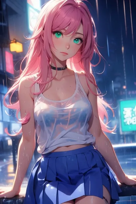 creates a 21-year-old anime girl in the rain with a wet white tank top with a short blue skirt pink hair and green eyes in an anime cityscape 