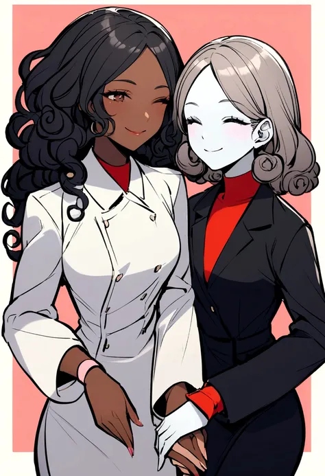 Illustrate a woman on the left with white skin, short straight black hair, smiling with closed mouth and chubby holding hands with the woman on the right with dark skin, curly hair, smiling with mouth closed. 