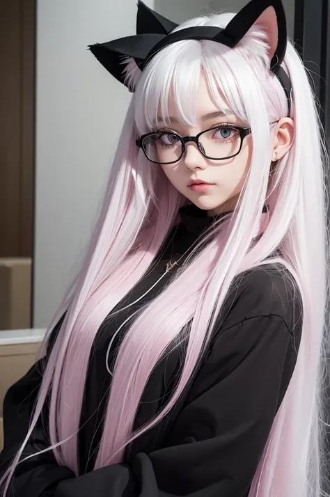 Girl, 20 years old, big white hair, pink tips, a short black blouse with glasses in the middle, a cat ear on her head, a black mask