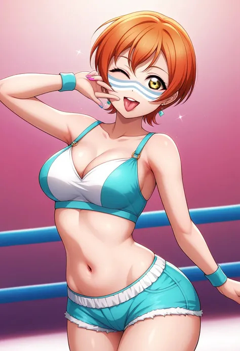 Masterpiece, sksrin, beautiful , facial details, 8k wallpaper, Rin Hoshizora Love Live, short hair, white gym bra, micro shorts , wrestling outfit,(lipstick:0.8), (face paint:1.2),Fascinated by her beauty ,wink, moist skin,thin waist ,short girl, skindenta...