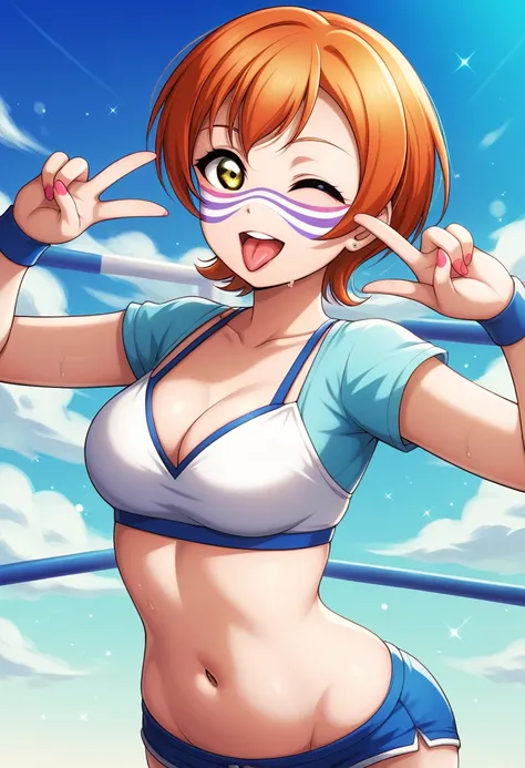 Masterpiece, sksrin, beautiful , facial details, 8k wallpaper, Rin Hoshizora Love Live, short hair, white gym bra, micro shorts , wrestling outfit,(lipstick:0.8), (face paint:1.2),Fascinated by her beauty ,wink, moist skin,thin waist ,short girl, skindenta...